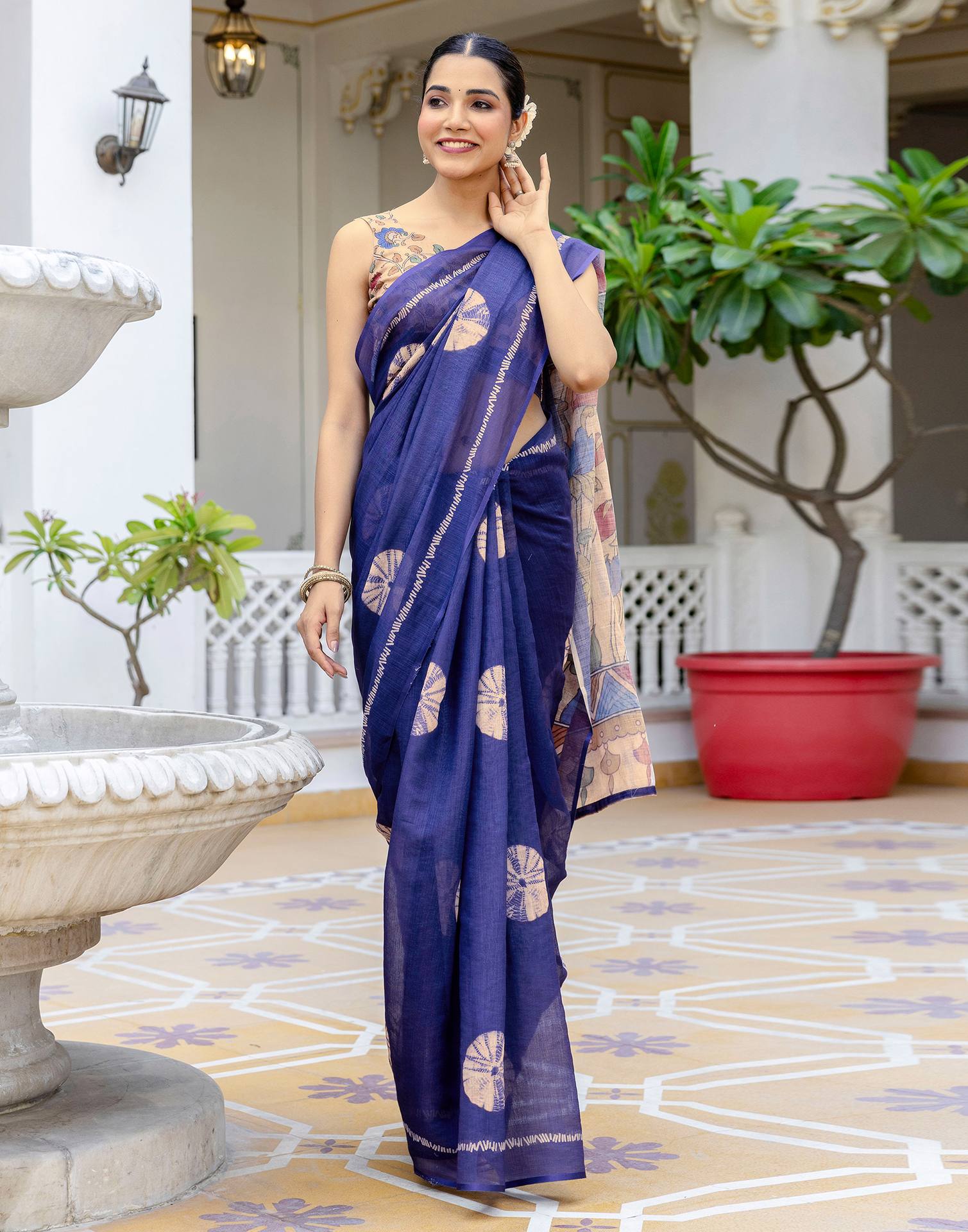 Navy Blue Linen Printed Saree