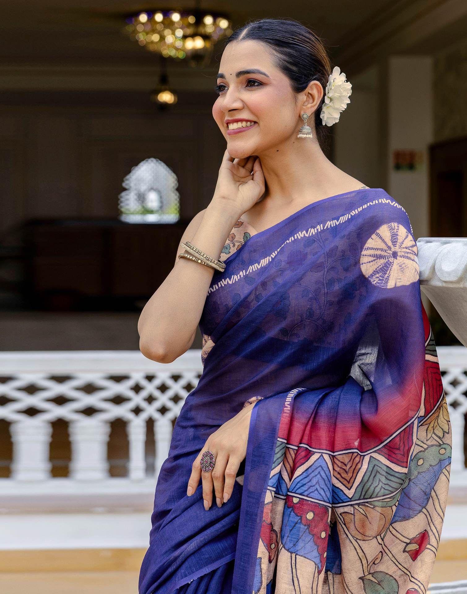 Navy Blue Linen Printed Saree