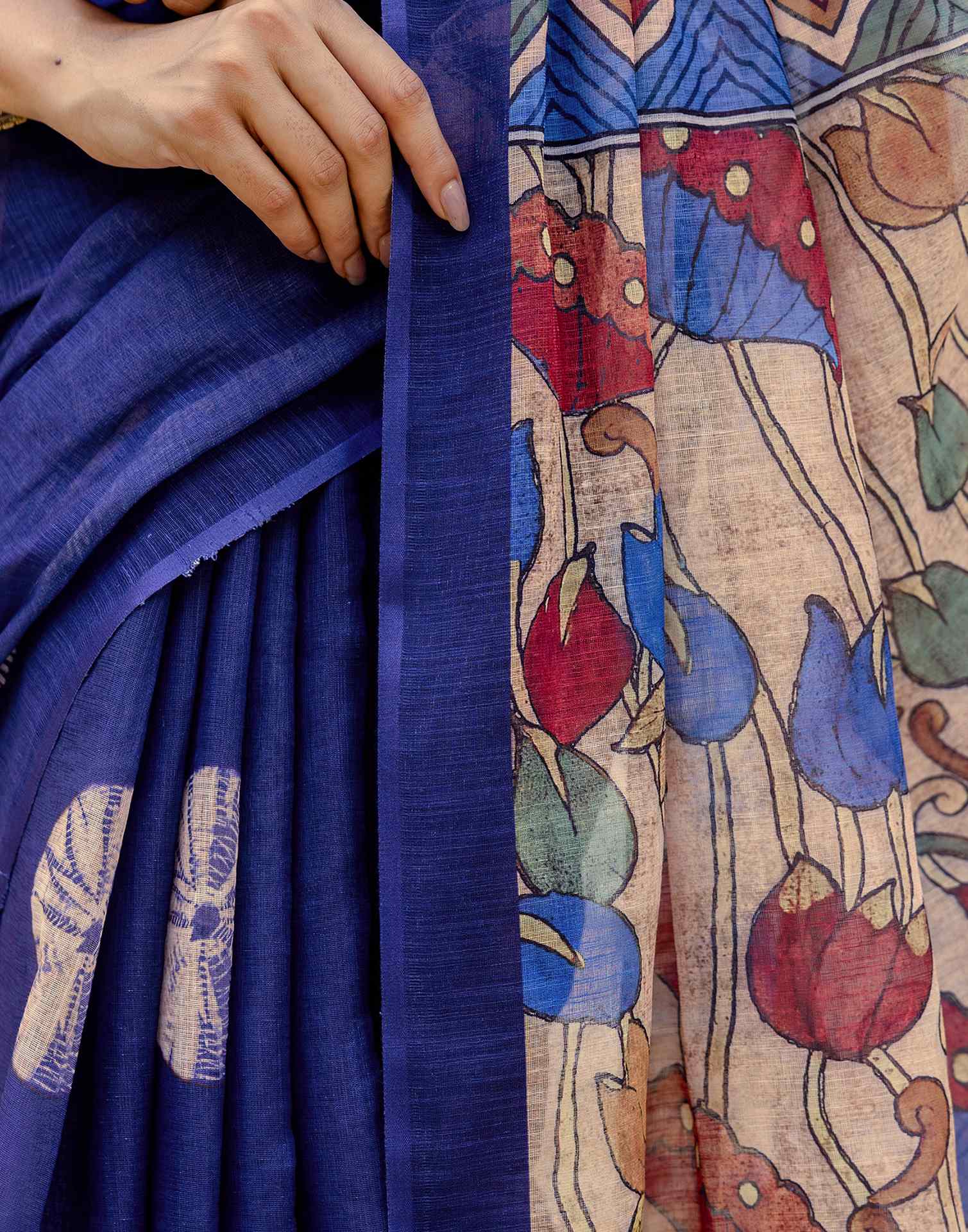 Navy Blue Linen Printed Saree