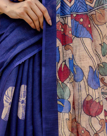Navy Blue Linen Printed Saree