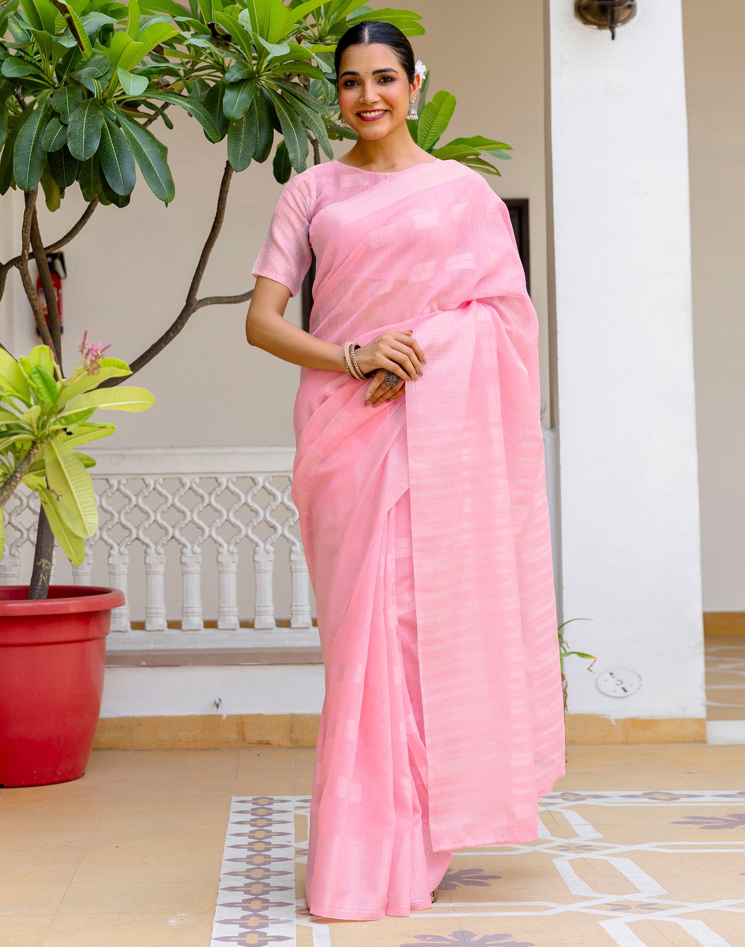 Pink Linen Woven Saree