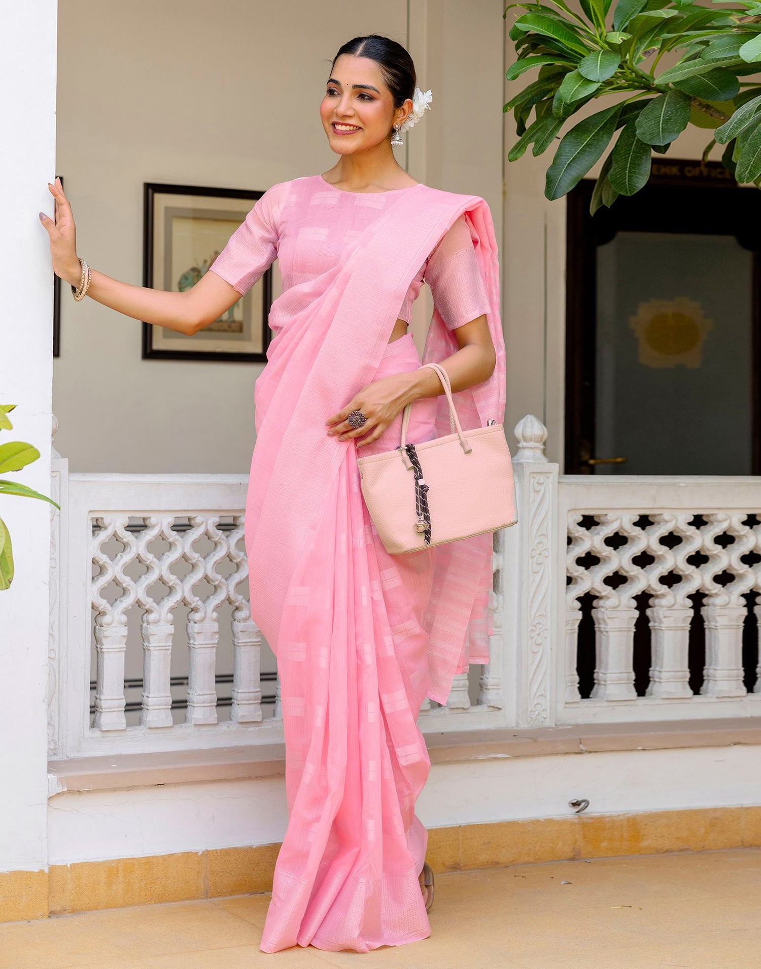 Pink Linen Woven Saree