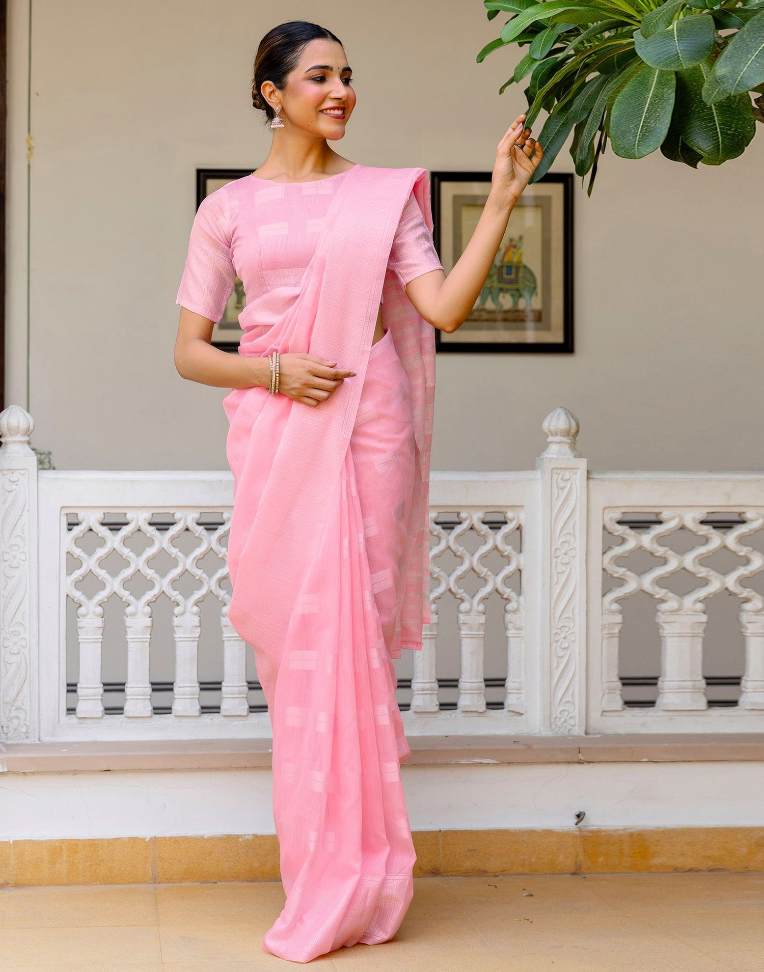 Pink Linen Woven Saree