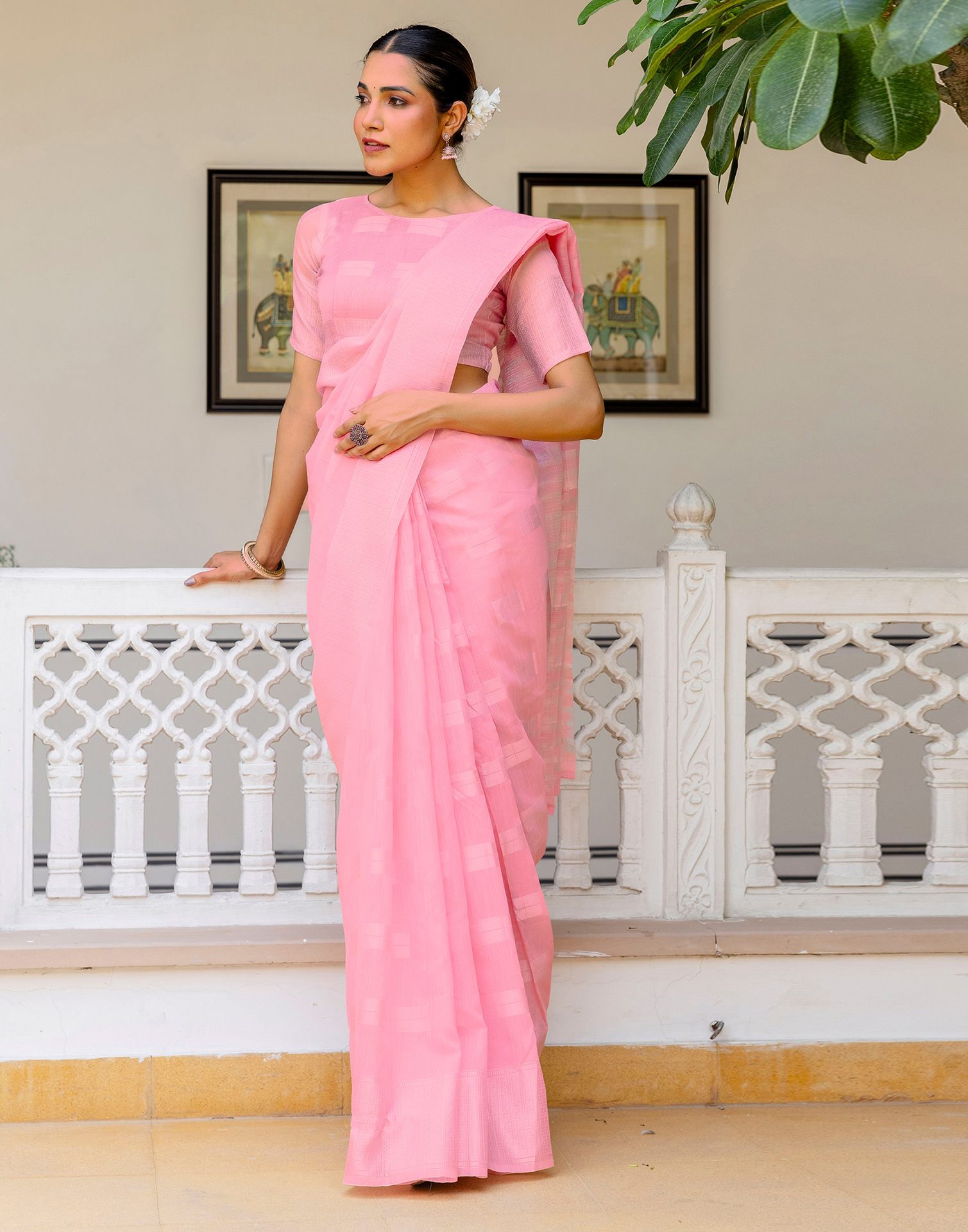 Pink Linen Woven Saree