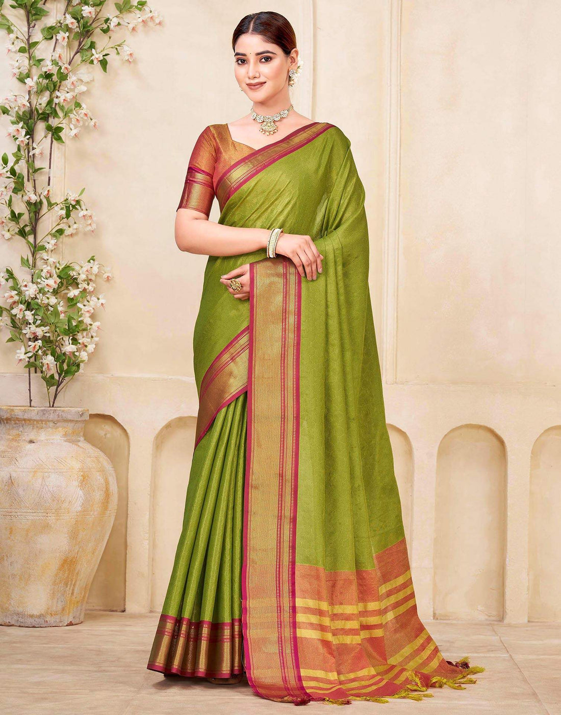 Parrot Green Silk Woven Kanjivaram Saree