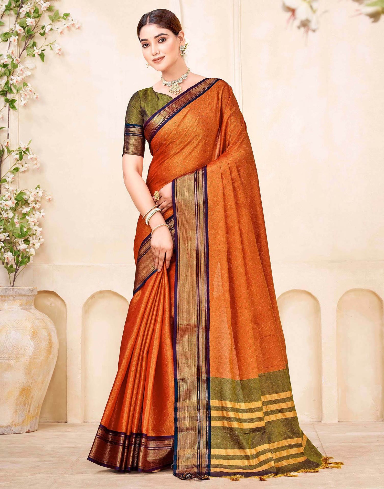 Orange Silk Woven Kanjivaram Saree