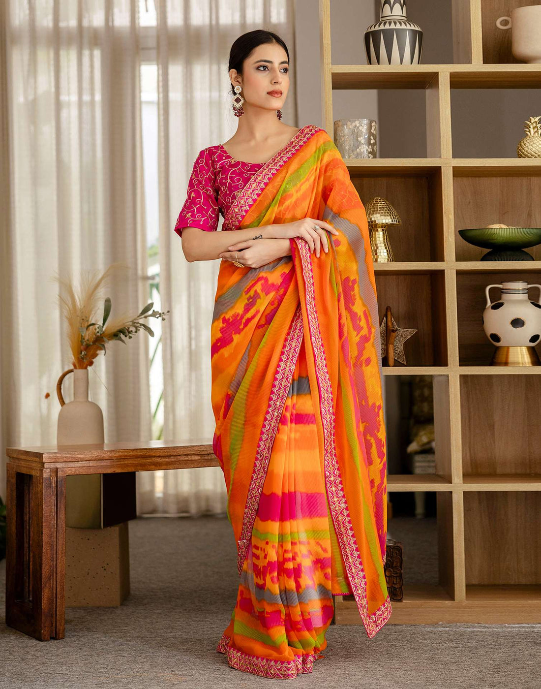 Orange Georgette Printed Saree