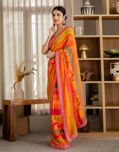 Orange Georgette Printed Saree