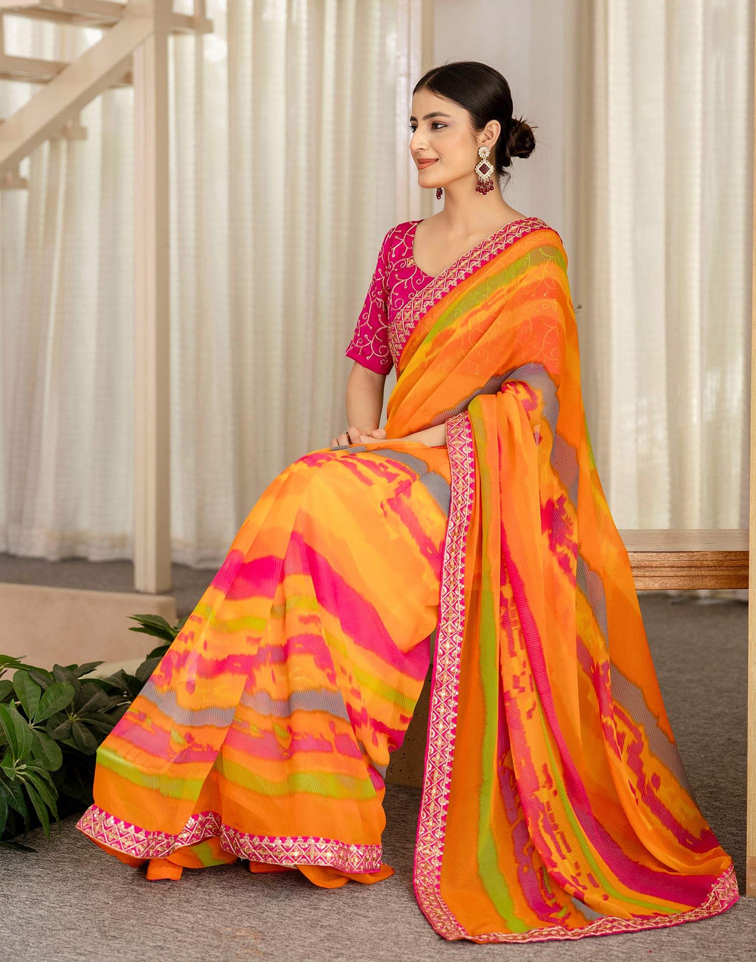 Orange Georgette Printed Saree