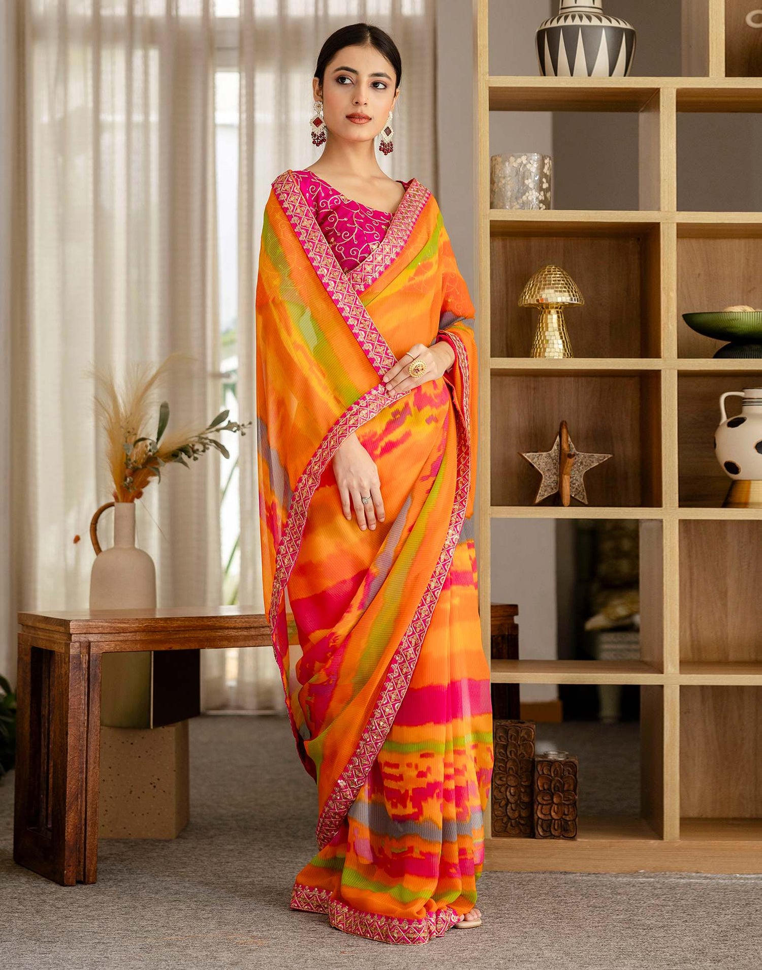 Orange Georgette Printed Saree