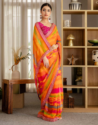 Orange Georgette Printed Saree