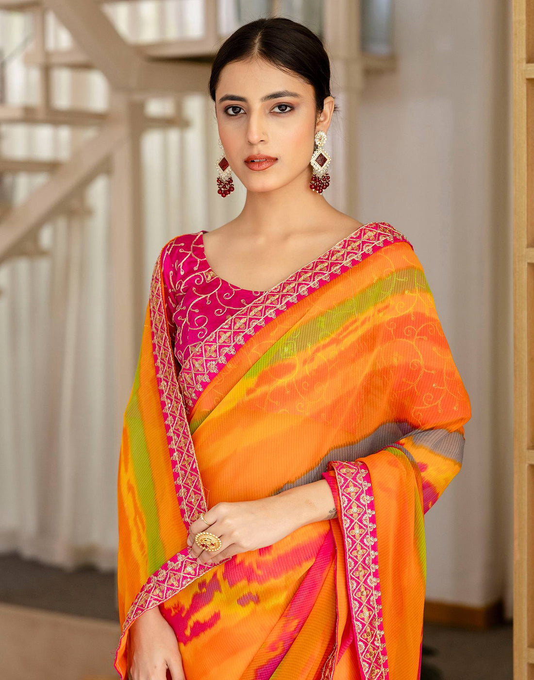 Orange Georgette Printed Saree