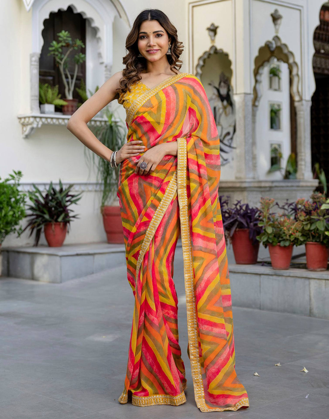 Mustard Yellow Georgette Printed Saree