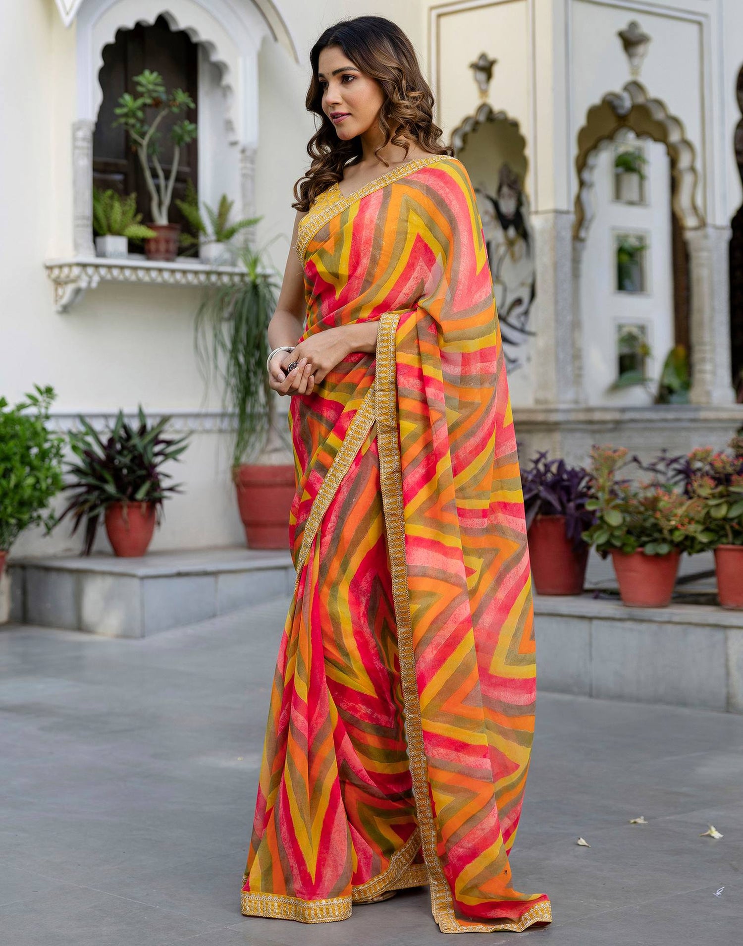 Mustard Yellow Georgette Printed Saree