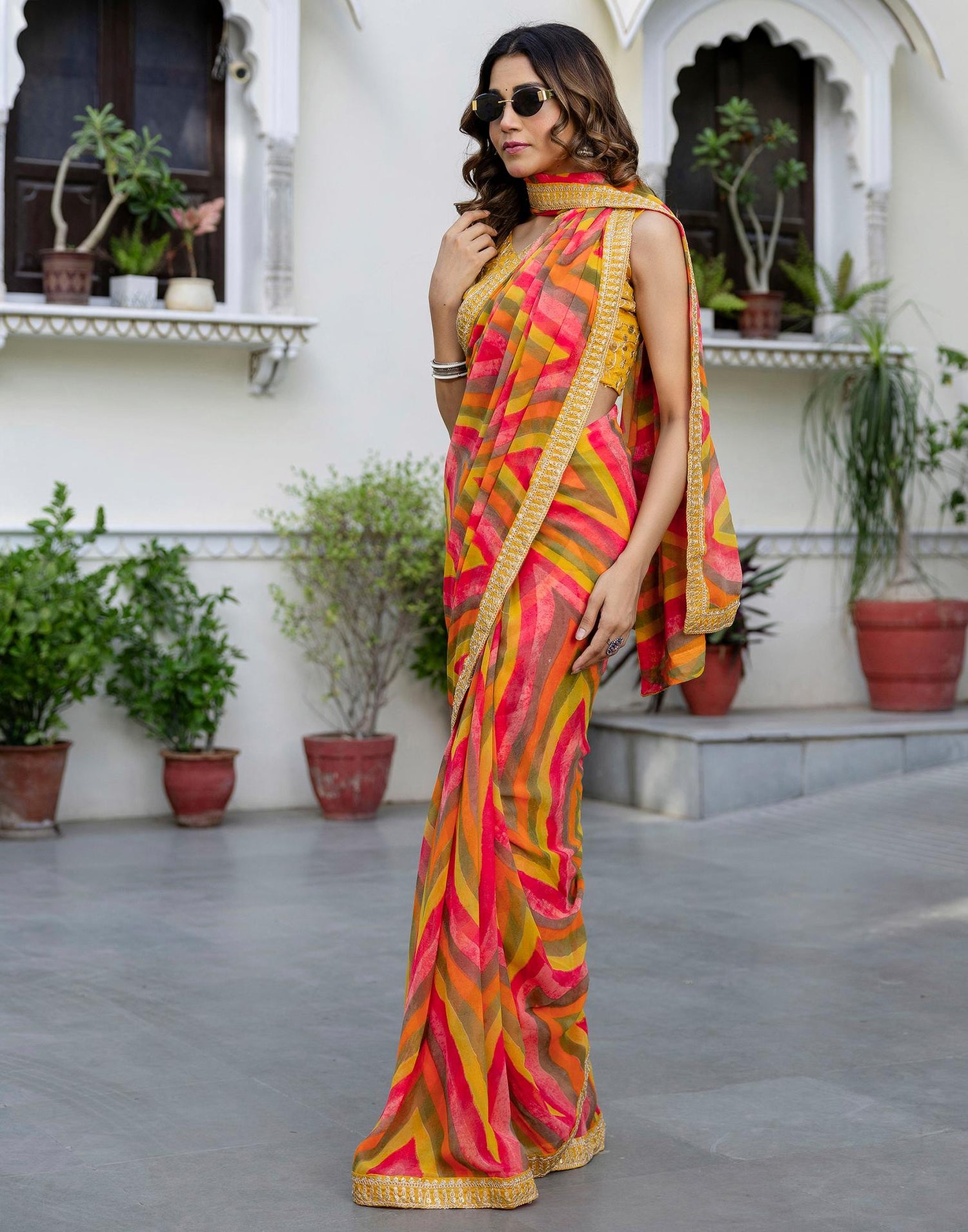 Mustard Yellow Georgette Printed Saree