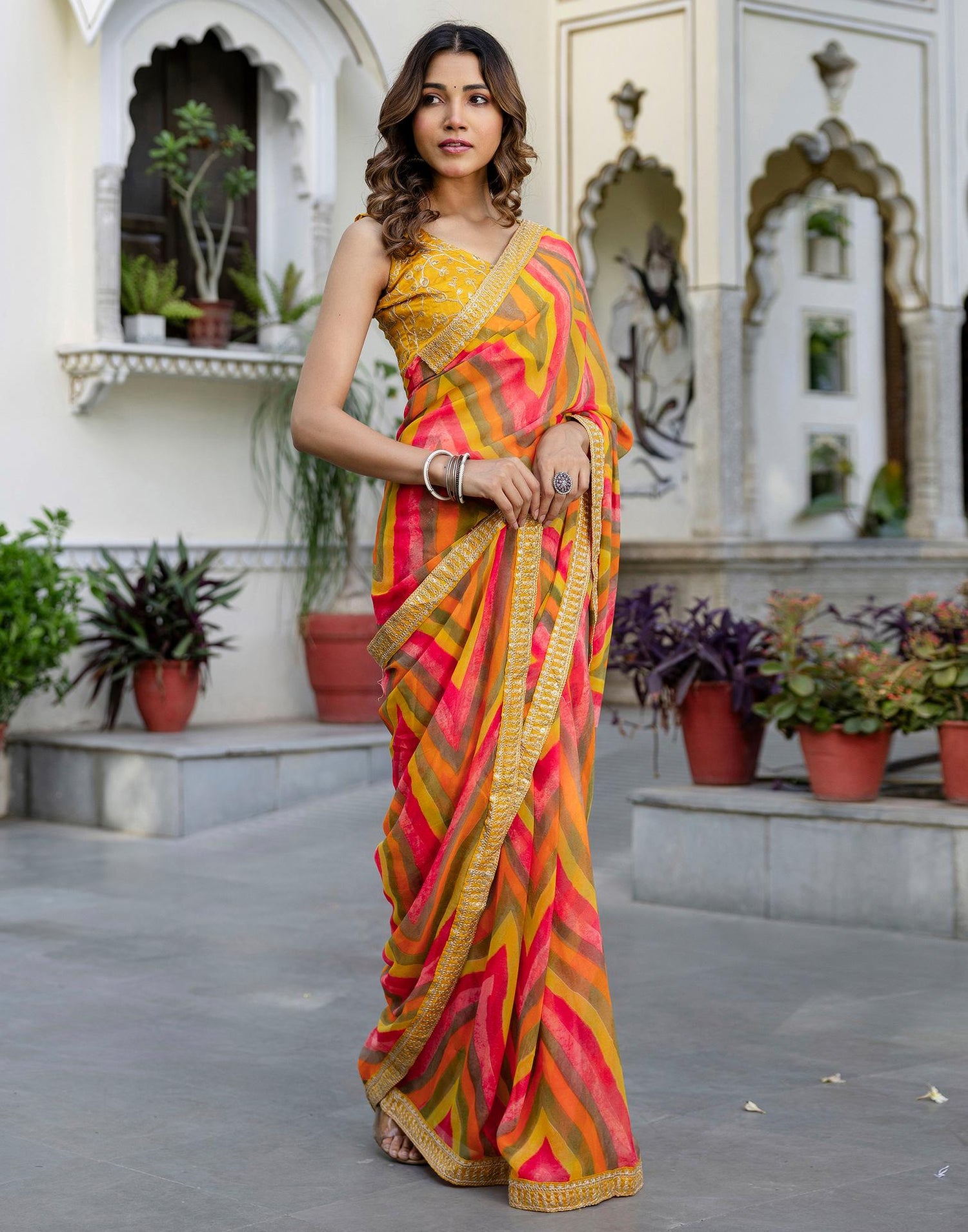 Mustard Yellow Georgette Printed Saree