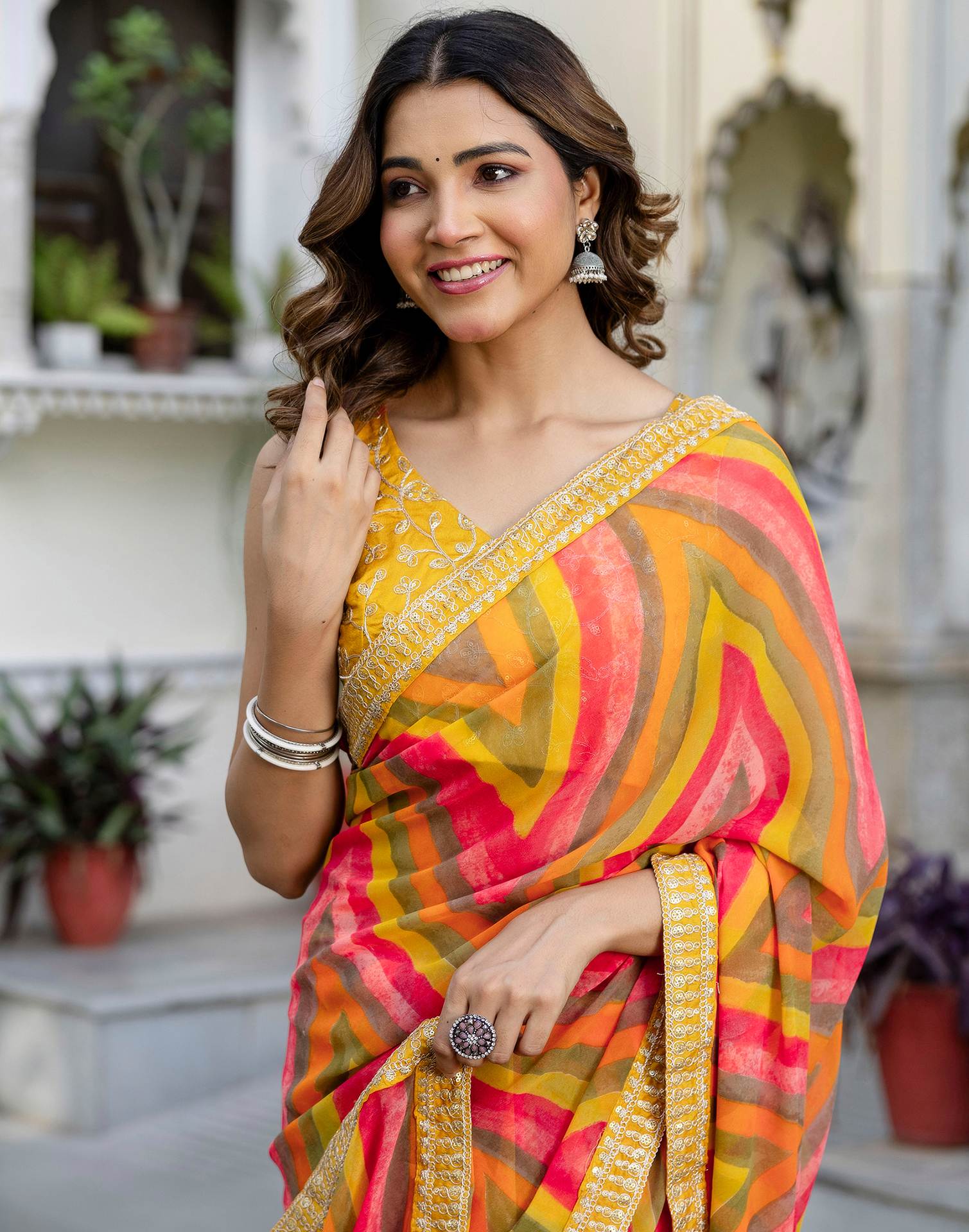 Mustard Yellow Georgette Printed Saree