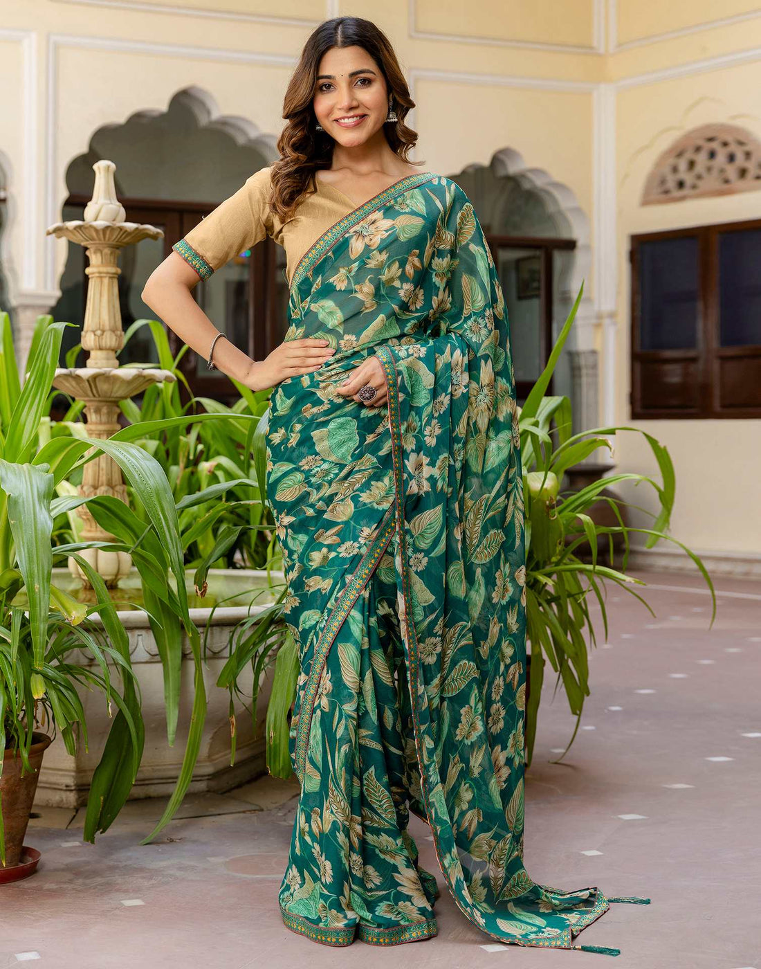 Teal Green Chiffon Printed Saree