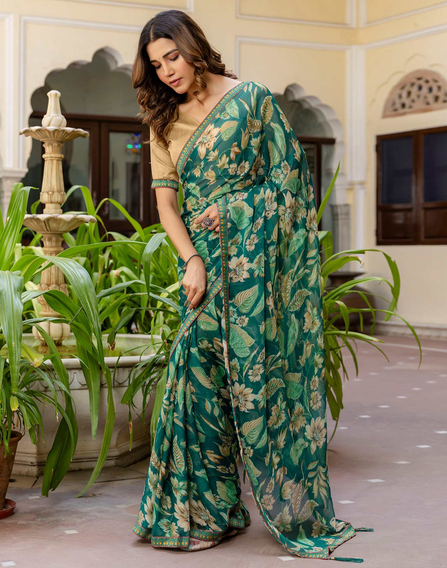 Teal Green Chiffon Printed Saree
