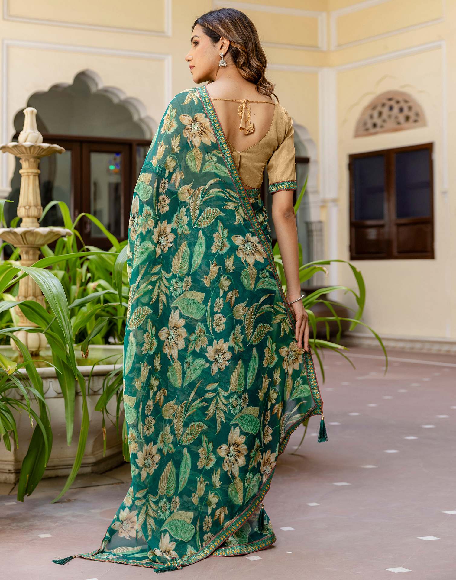 Teal Green Chiffon Printed Saree