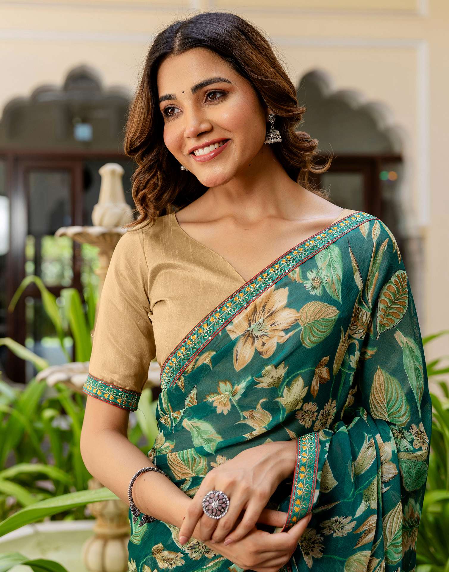 Teal Green Chiffon Printed Saree