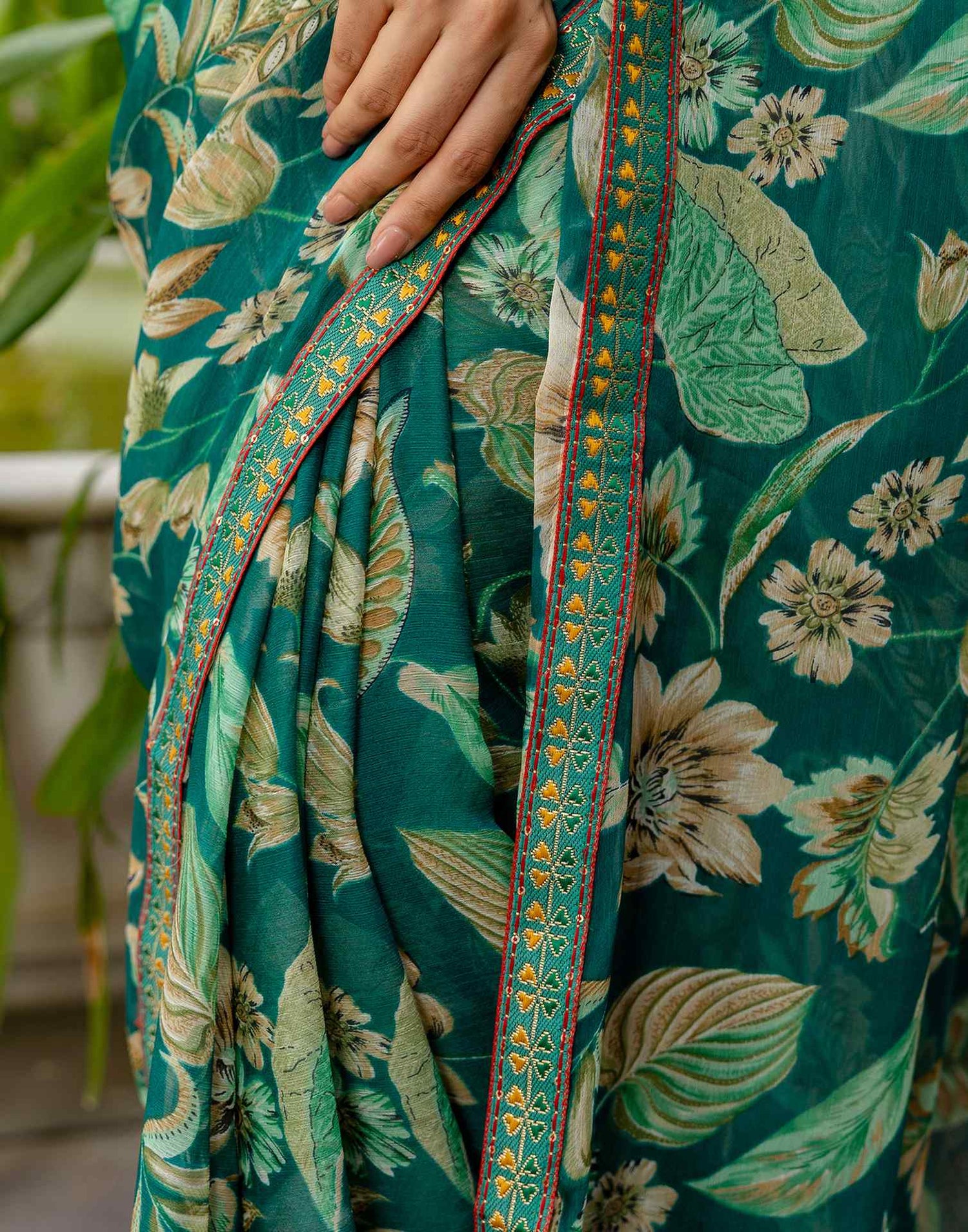 Teal Green Chiffon Printed Saree