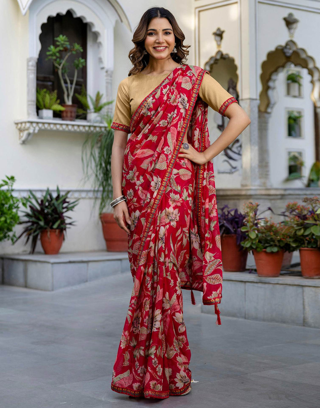 Red Chiffon Printed Saree