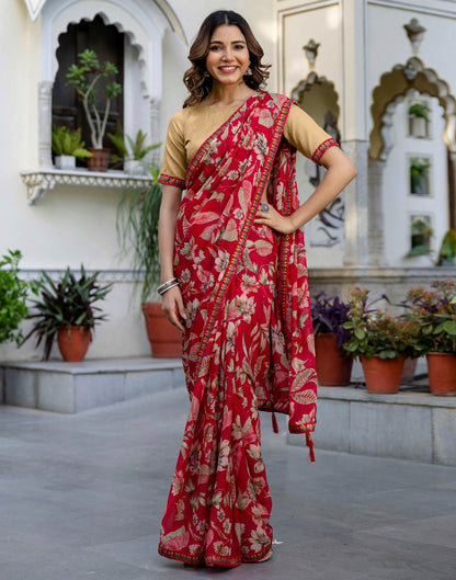 Red Chiffon Printed Saree