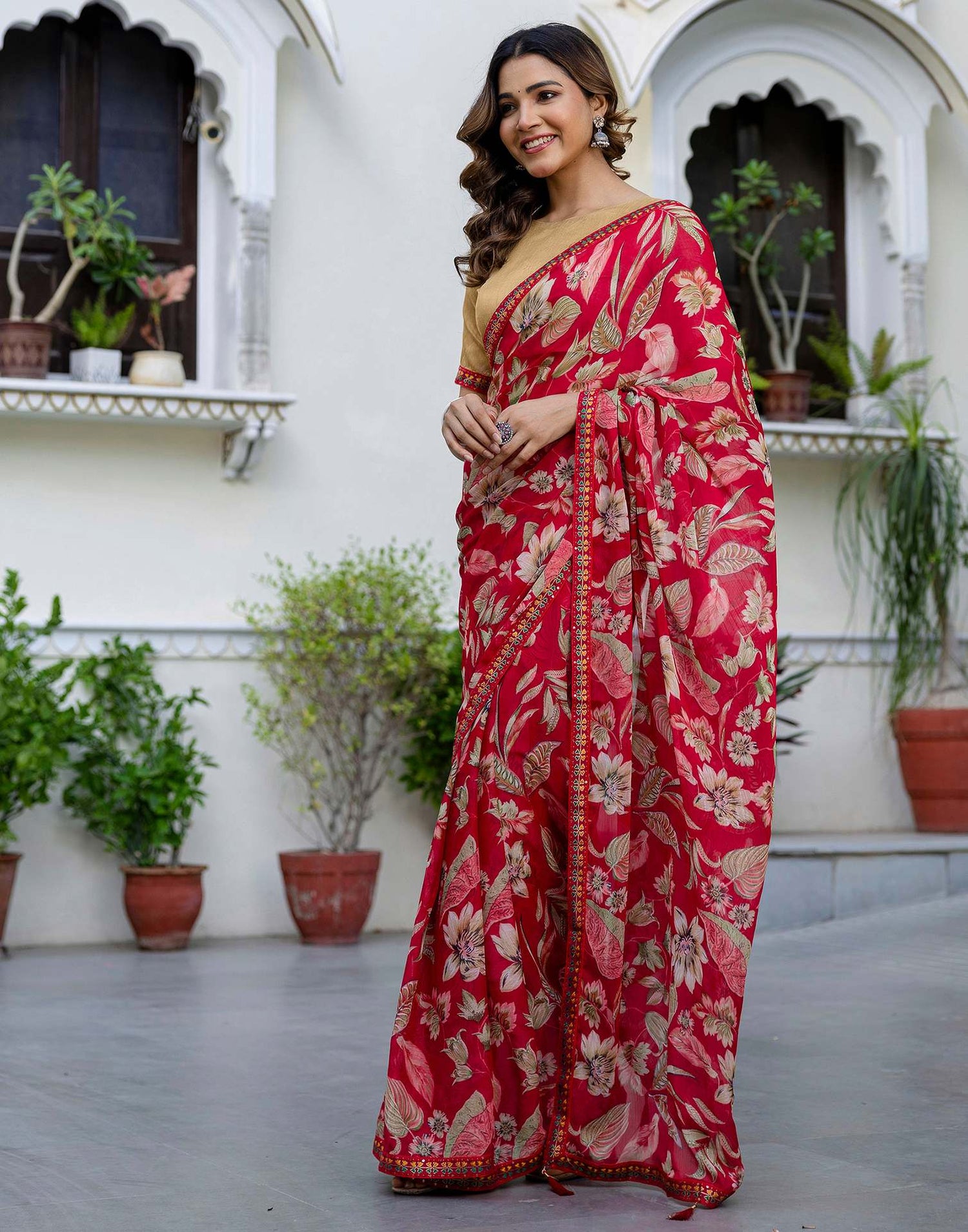 Red Chiffon Printed Saree