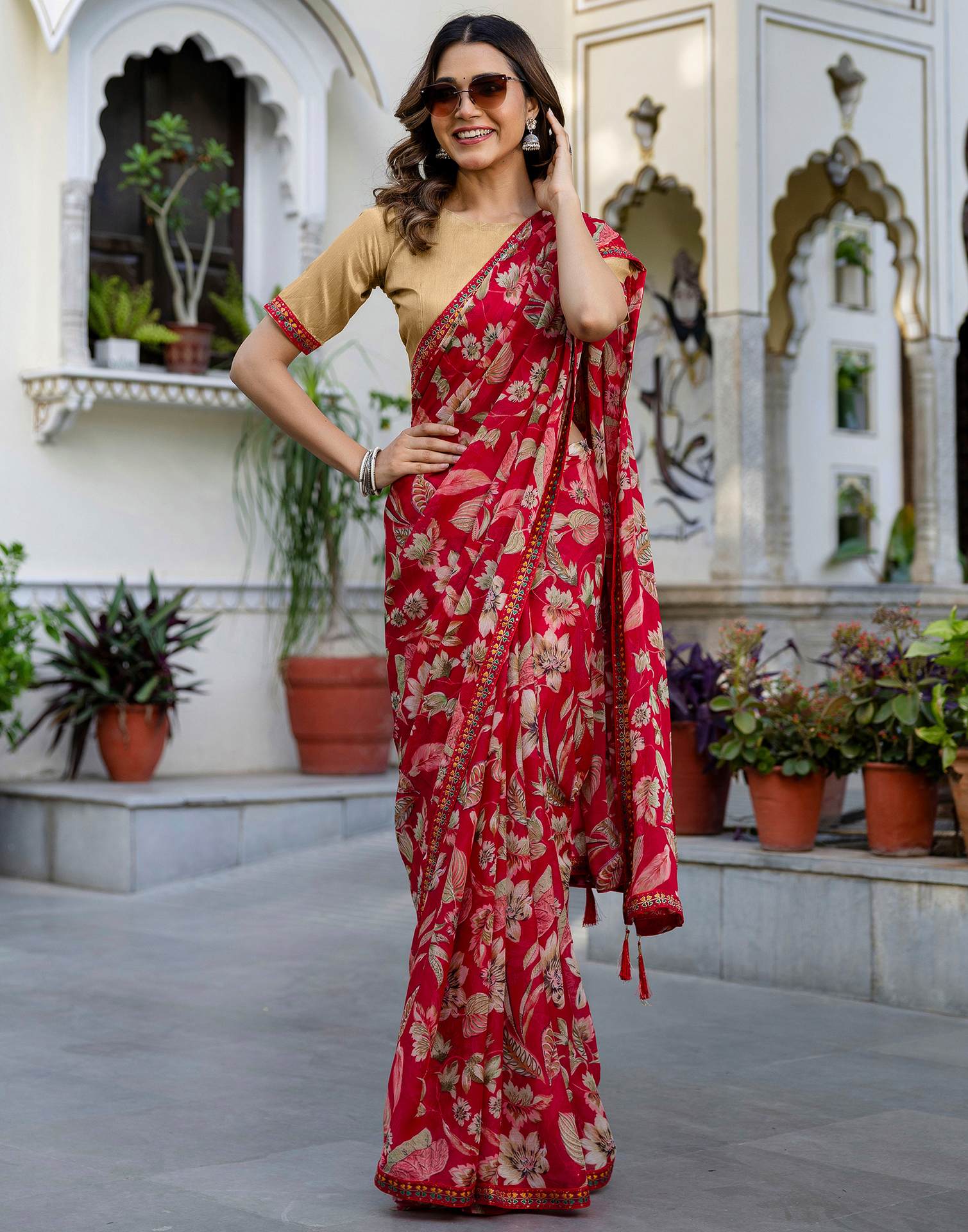 Red Chiffon Printed Saree