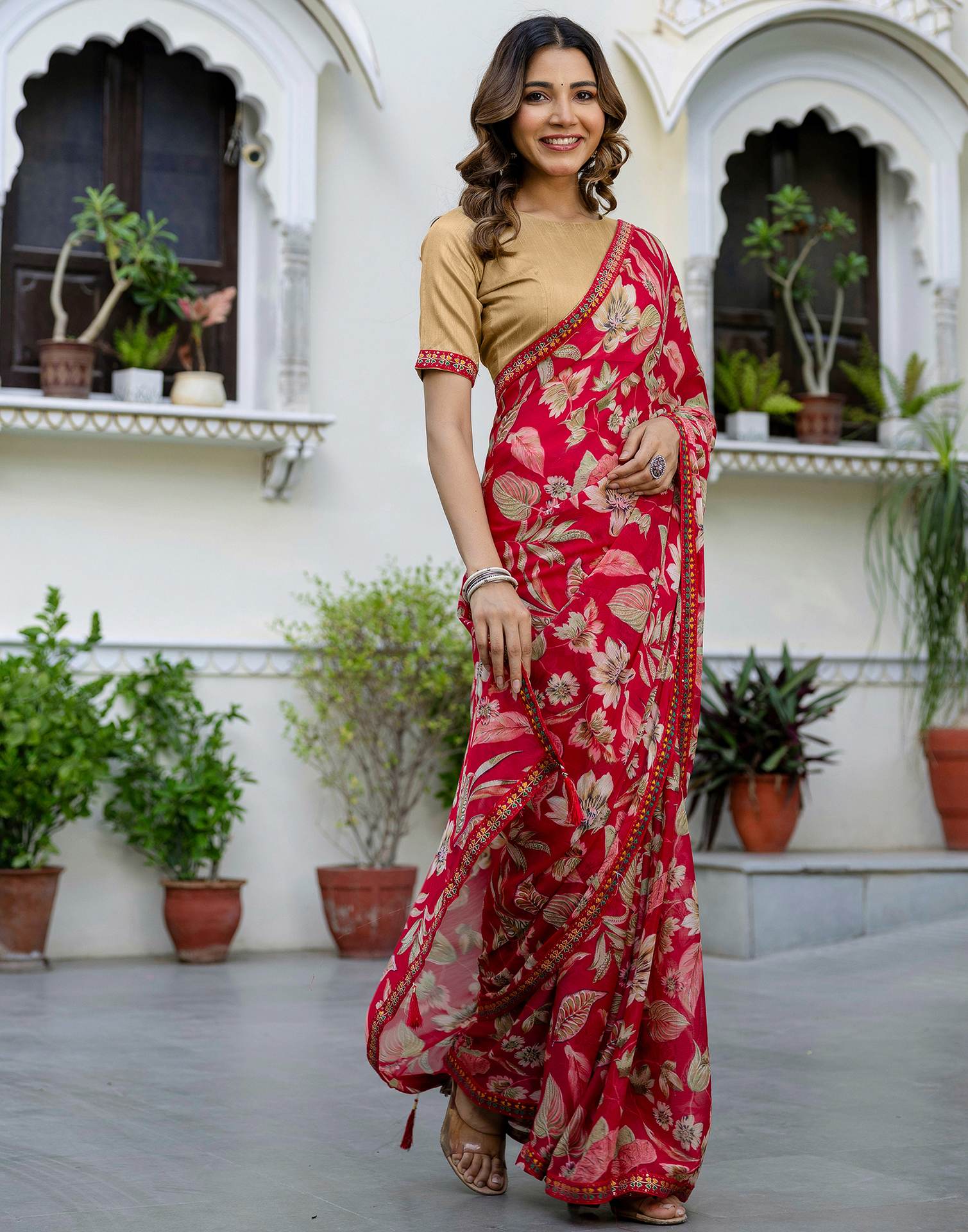 Red Chiffon Printed Saree