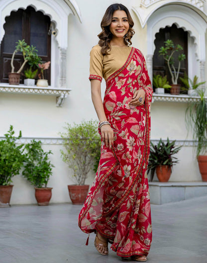 Red Chiffon Printed Saree