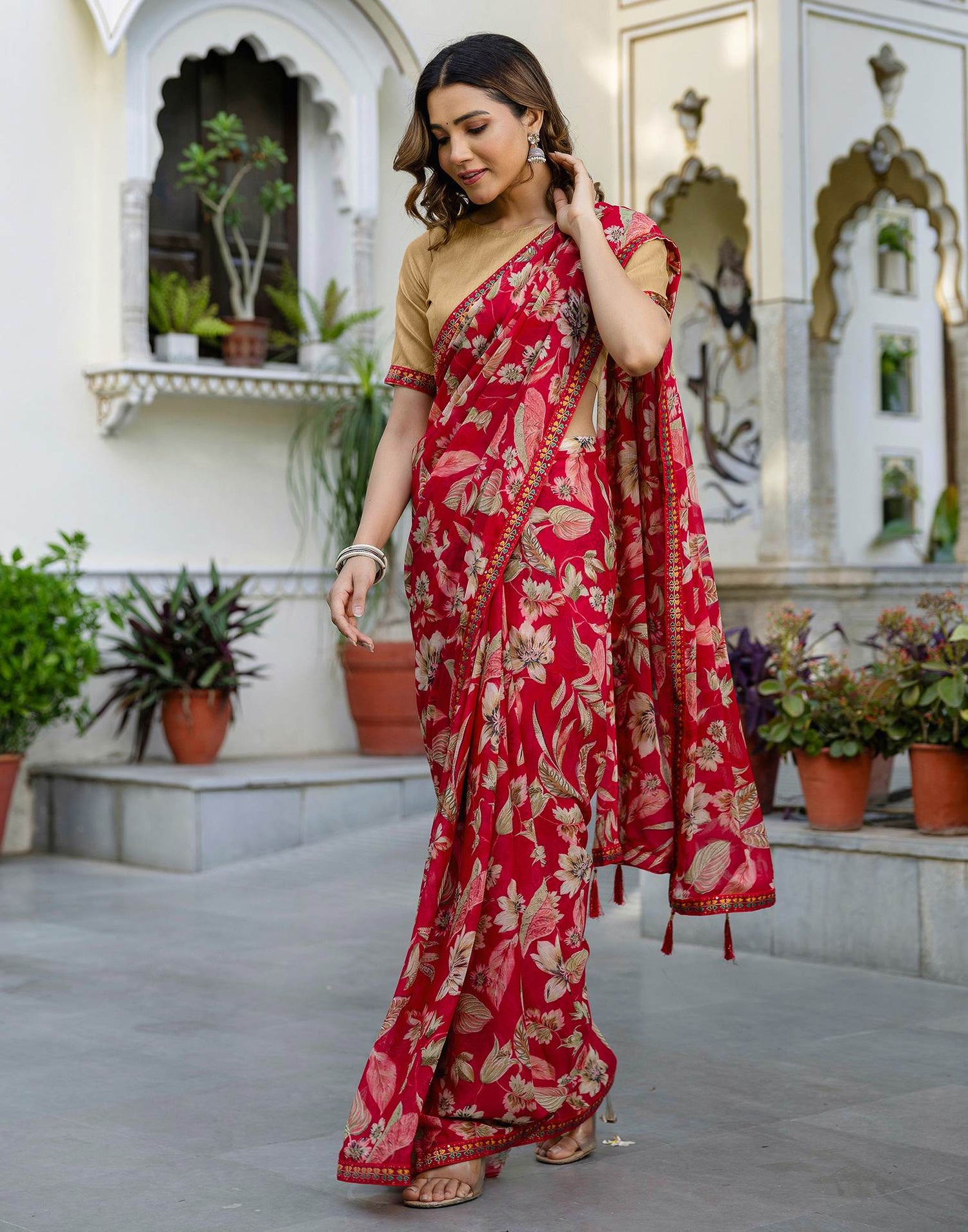 Red Chiffon Printed Saree