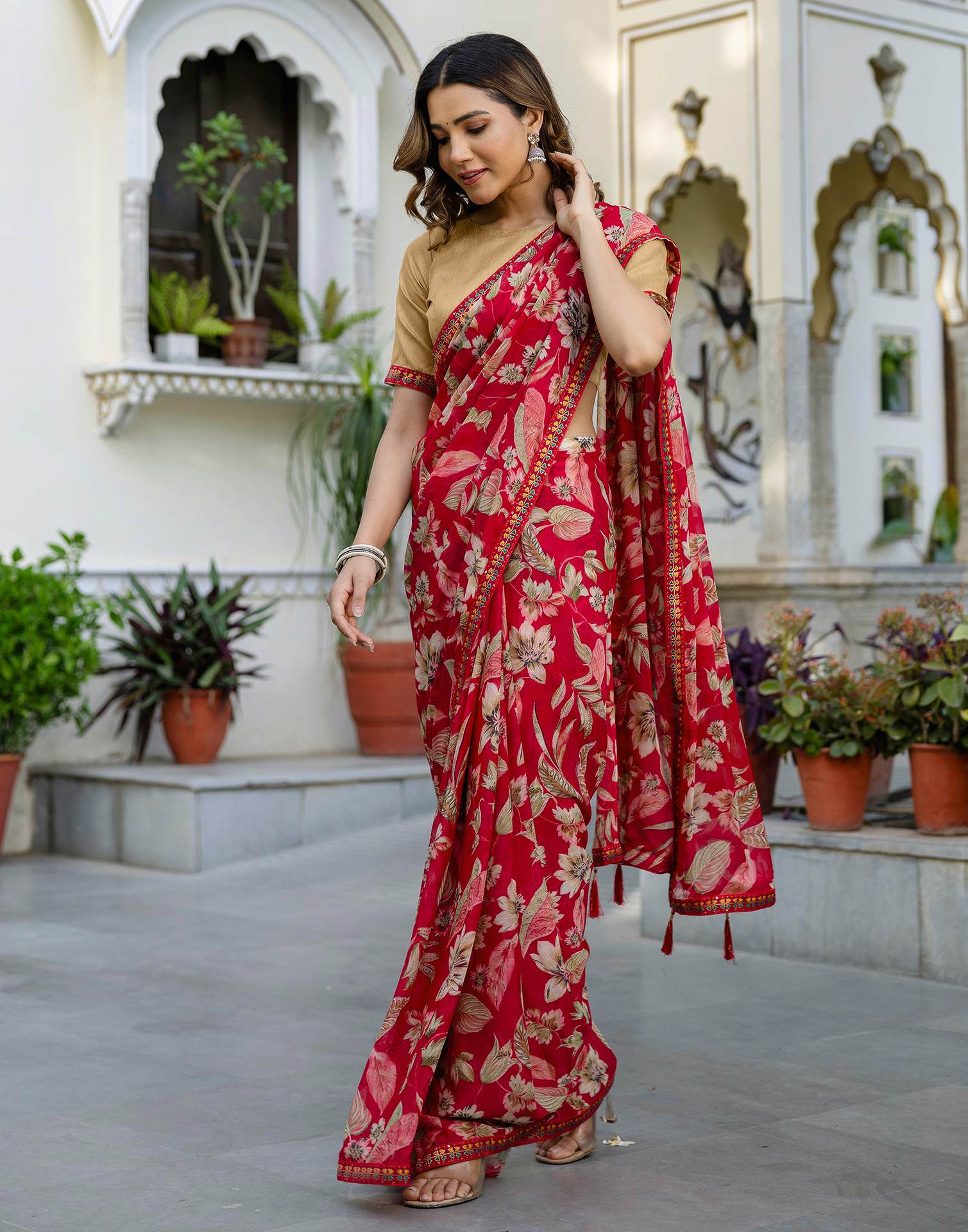Red Chiffon Printed Saree