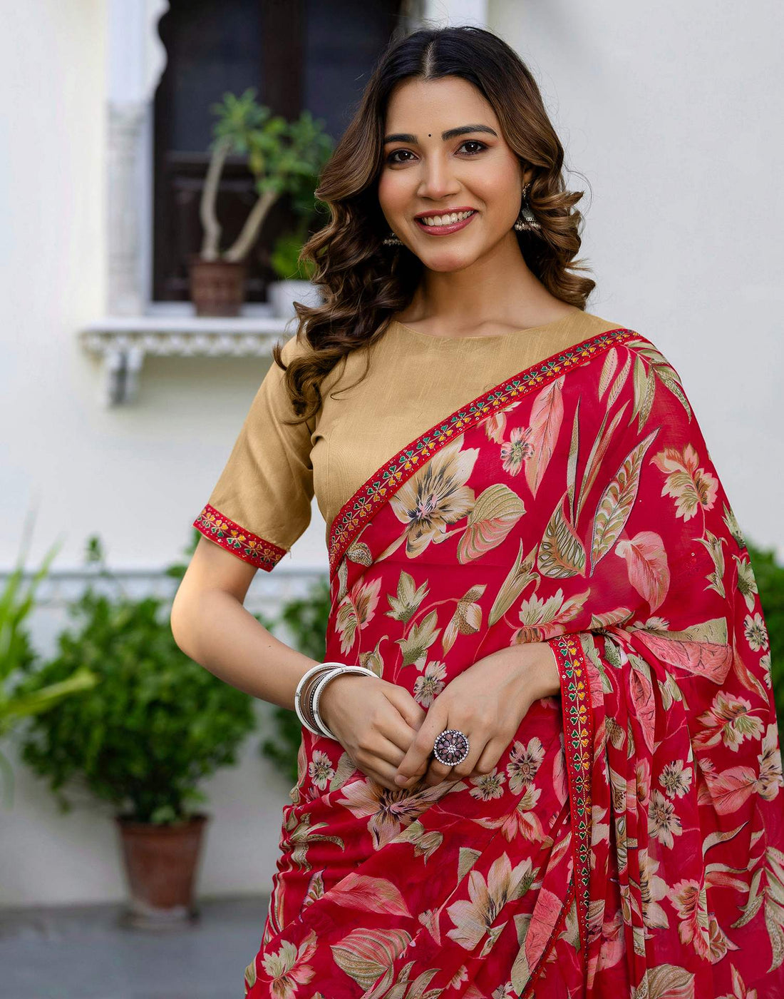 Red Chiffon Printed Saree