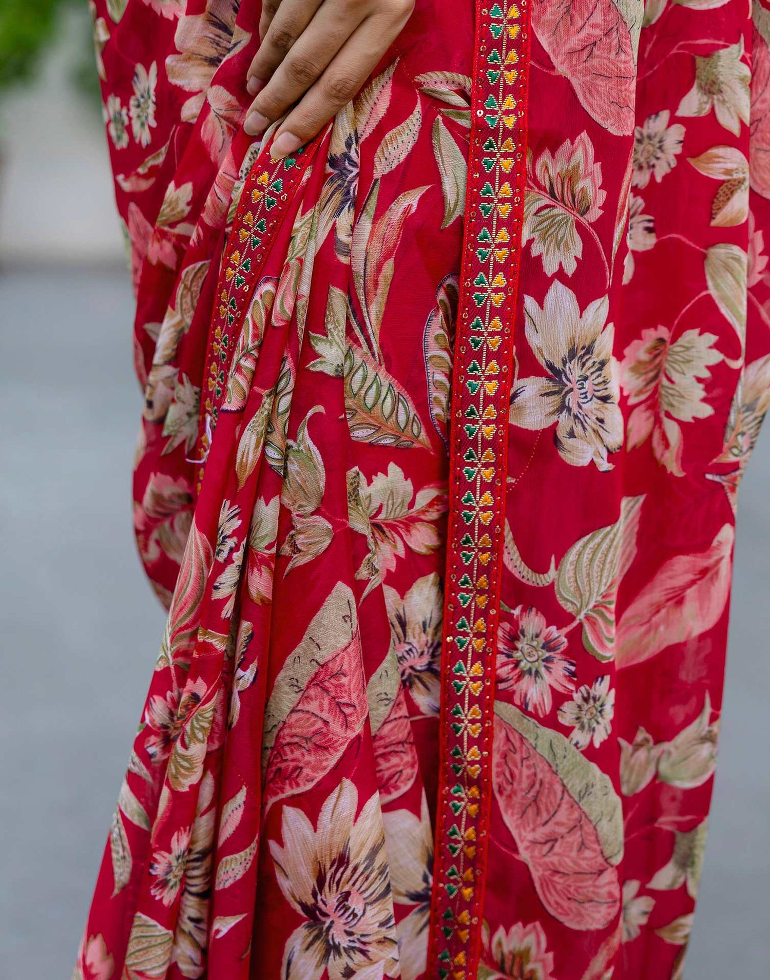 Red Chiffon Printed Saree
