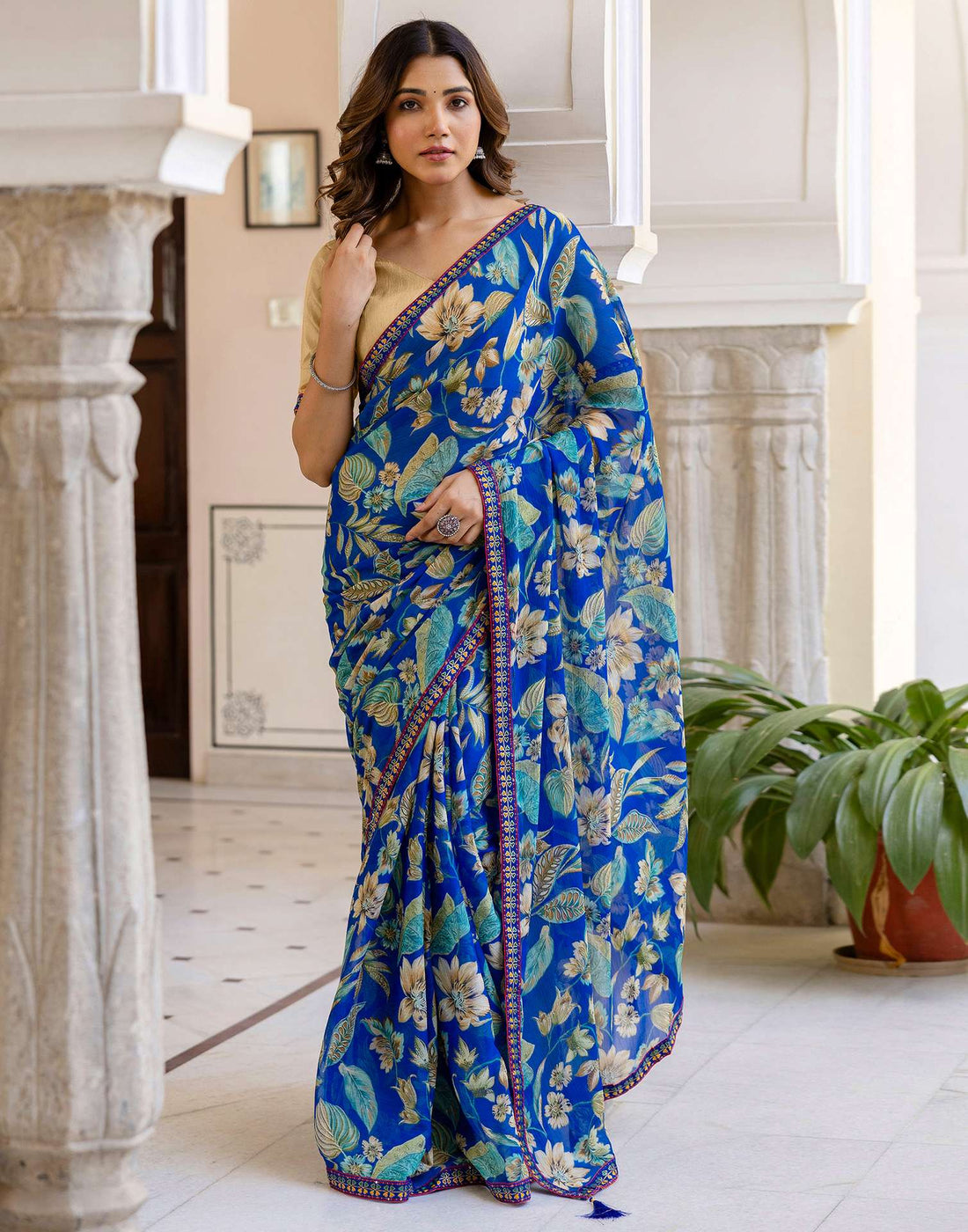 Blue Chiffon Printed Saree