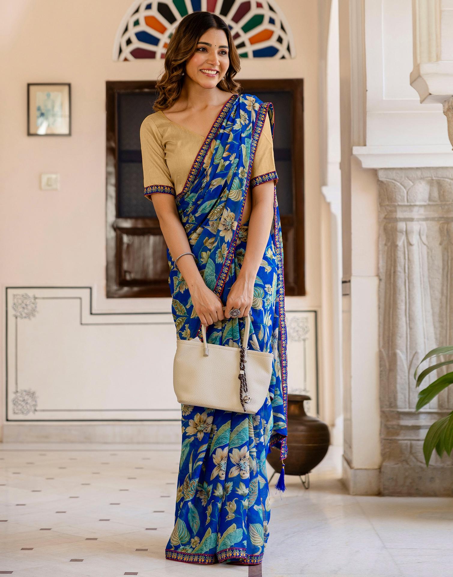 Blue Chiffon Printed Saree