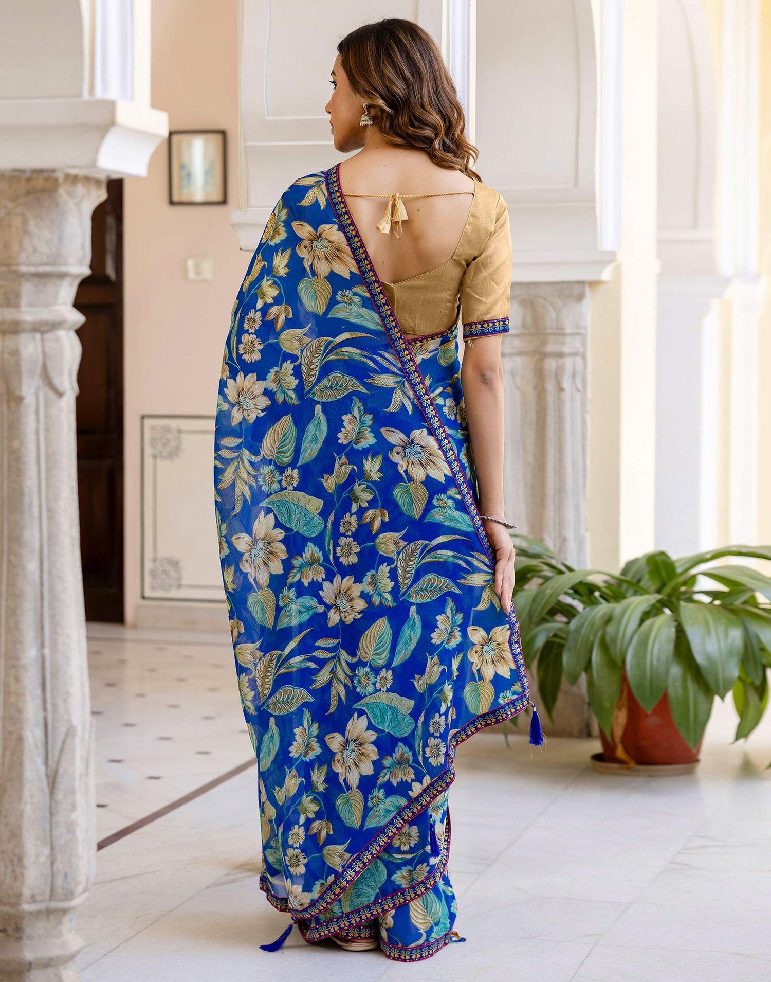 Blue Chiffon Printed Saree