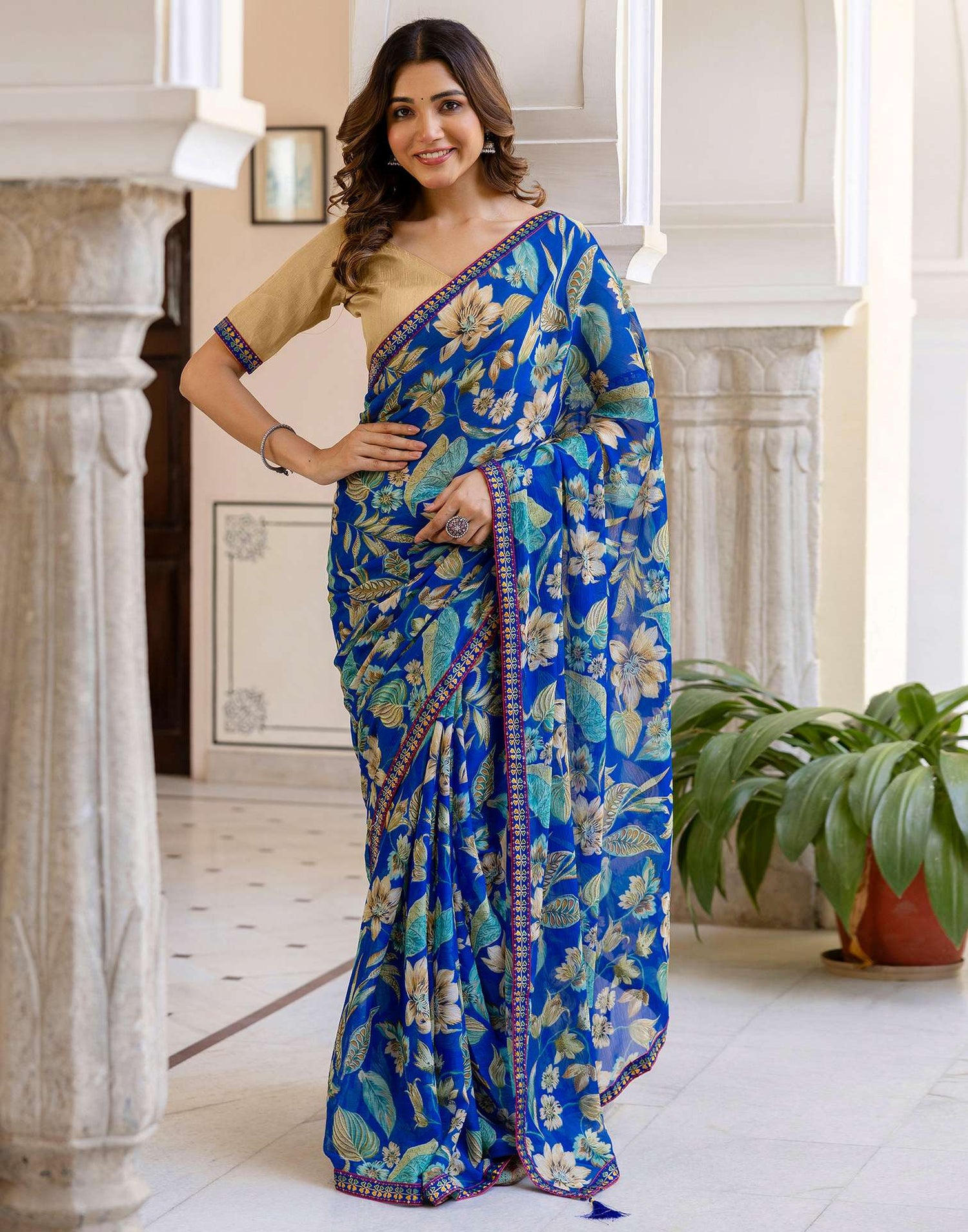 Blue Chiffon Printed Saree