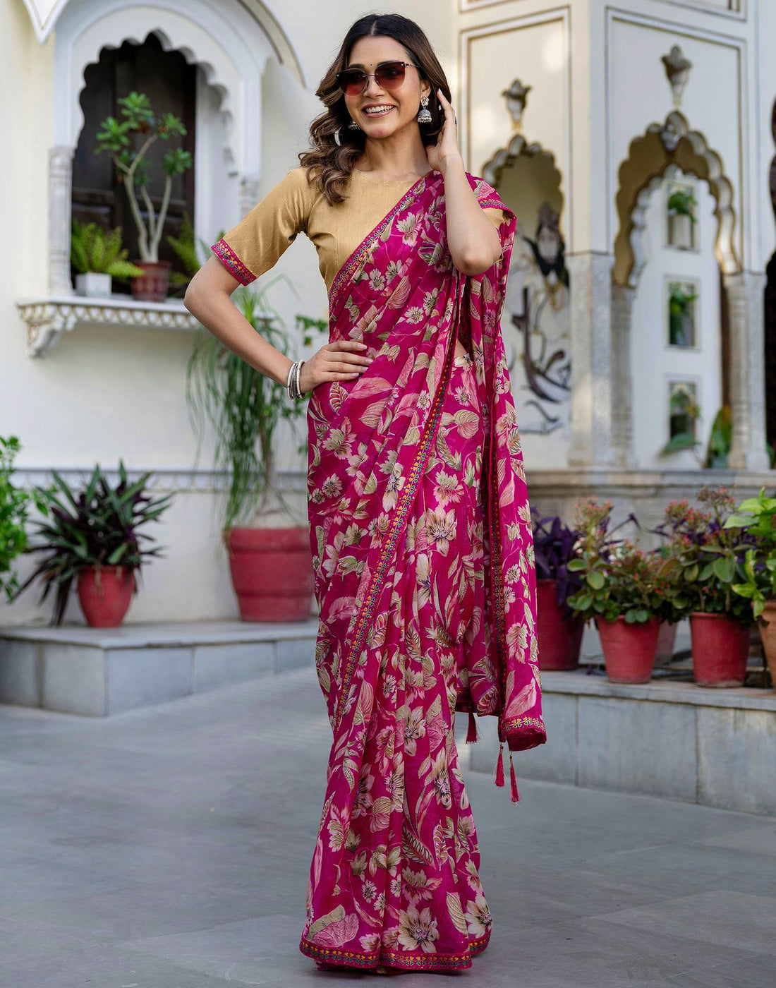 Rani Pink Chiffon Printed Saree