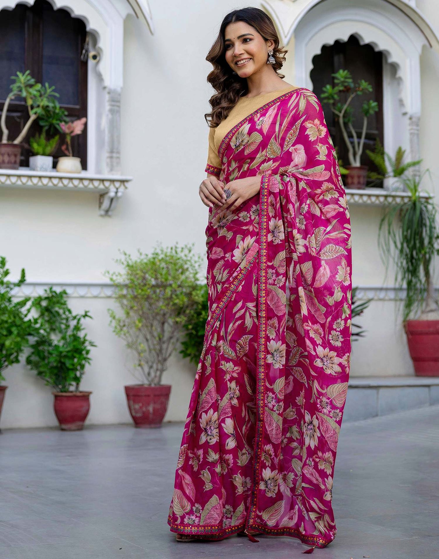 Rani Pink Chiffon Printed Saree