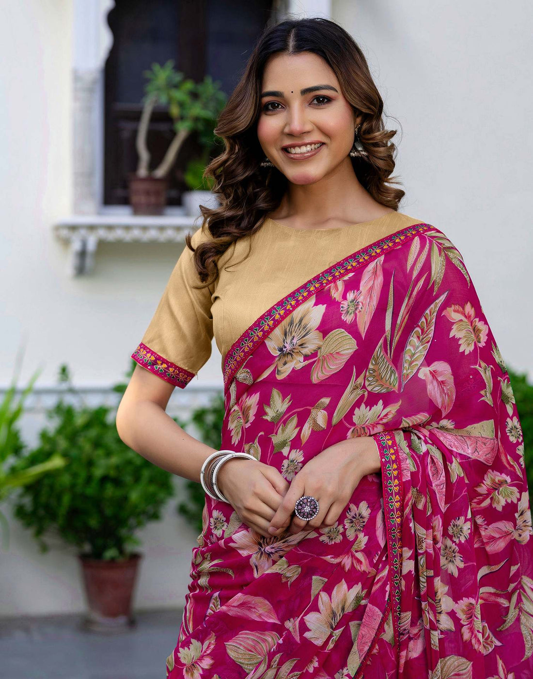 Rani Pink Chiffon Printed Saree