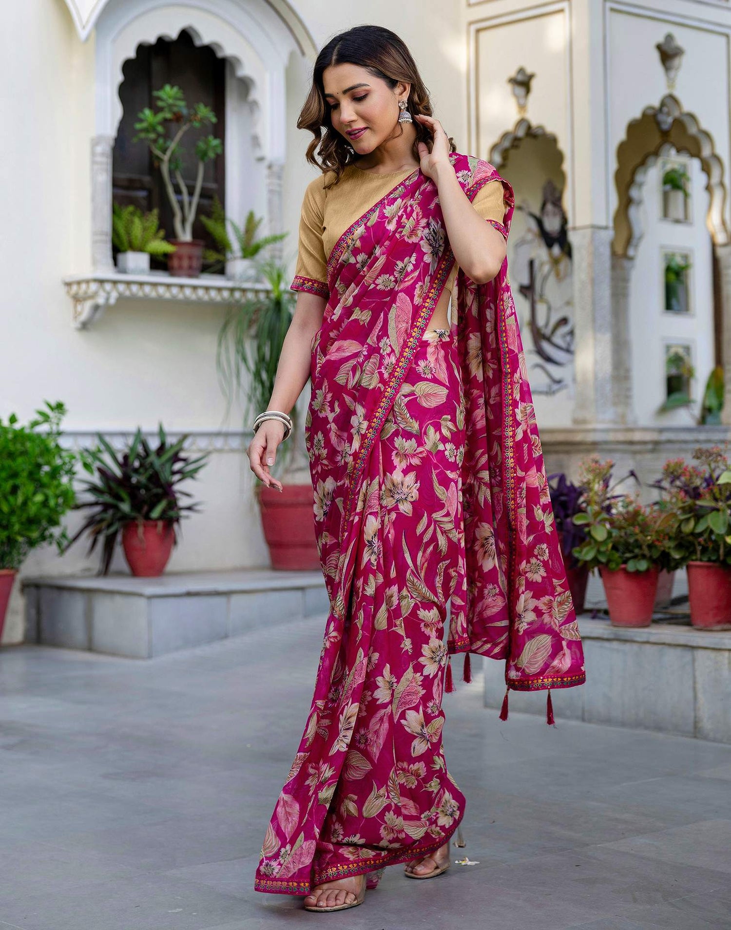 Rani Pink Chiffon Printed Saree