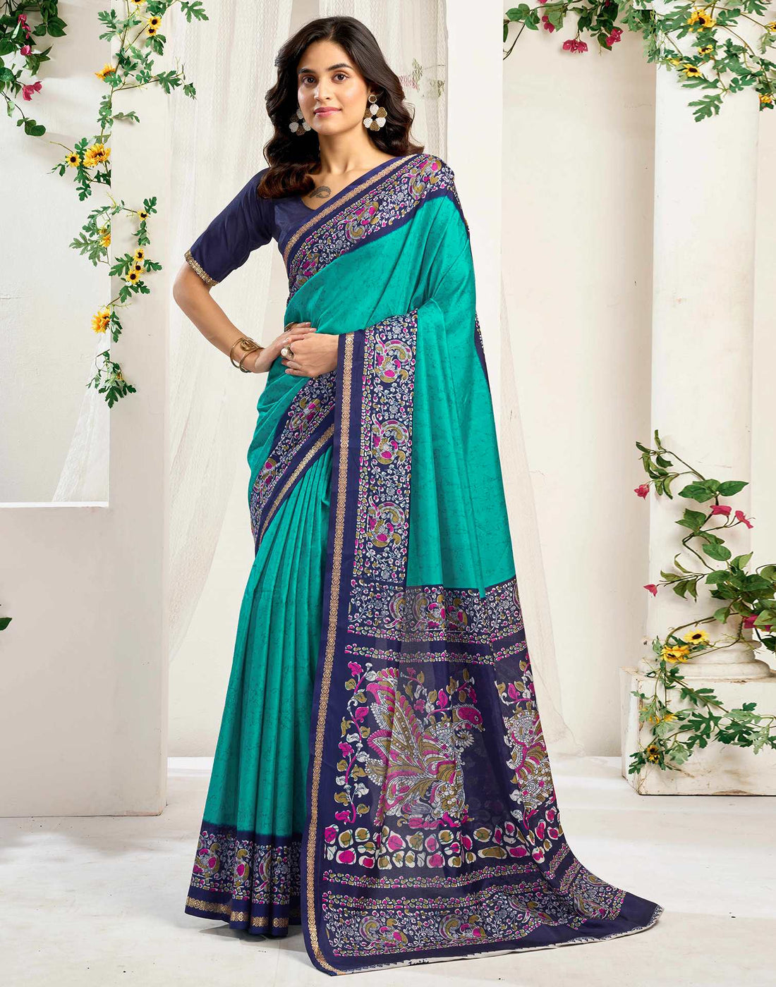Teal Green Dola Silk Printed Saree