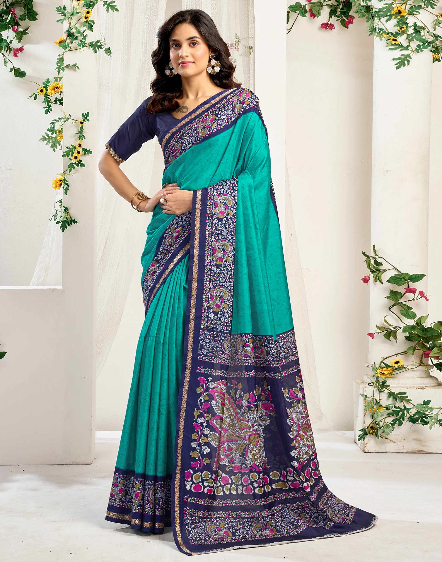 Teal Green Dola Silk Printed Saree