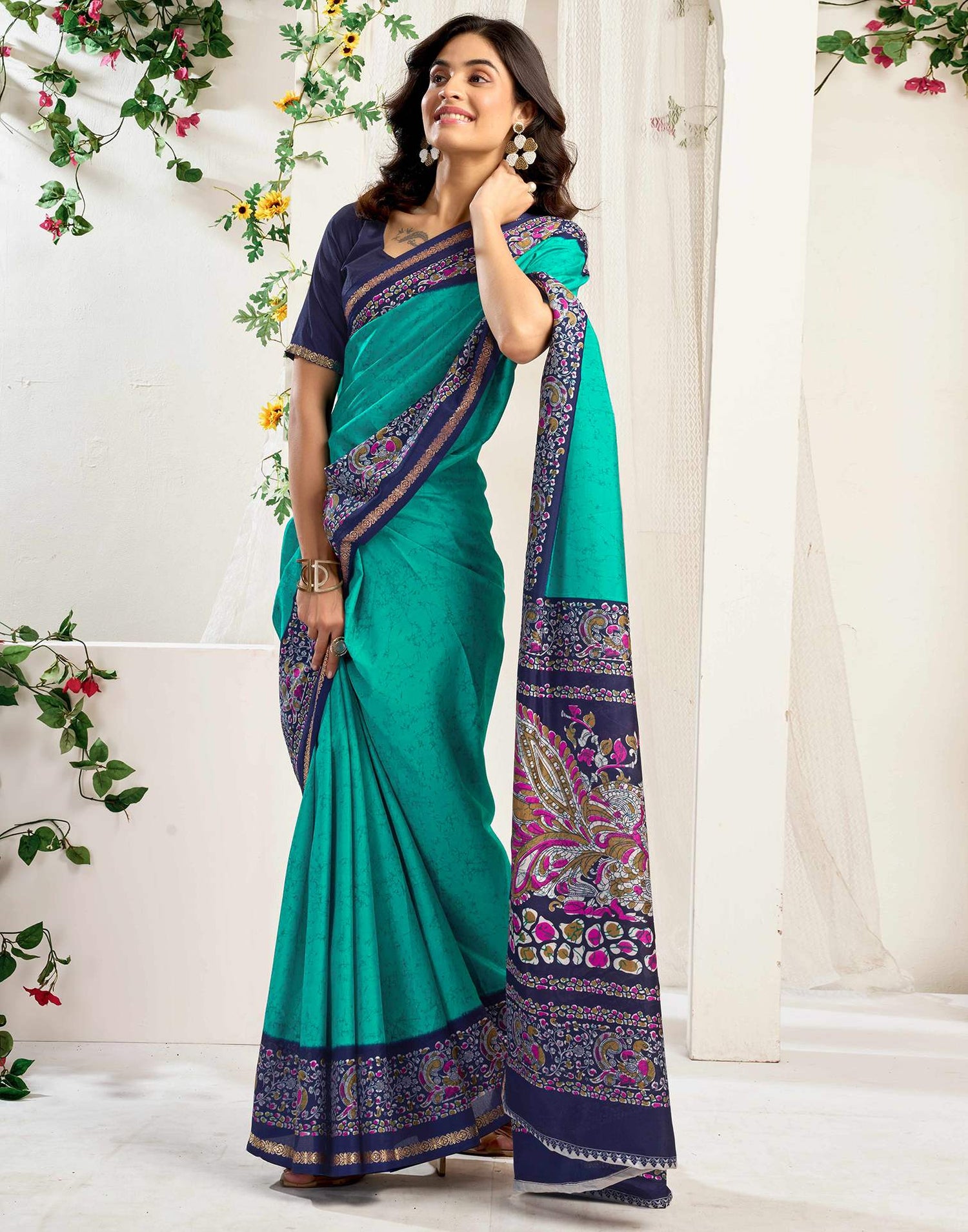 Teal Green Dola Silk Printed Saree