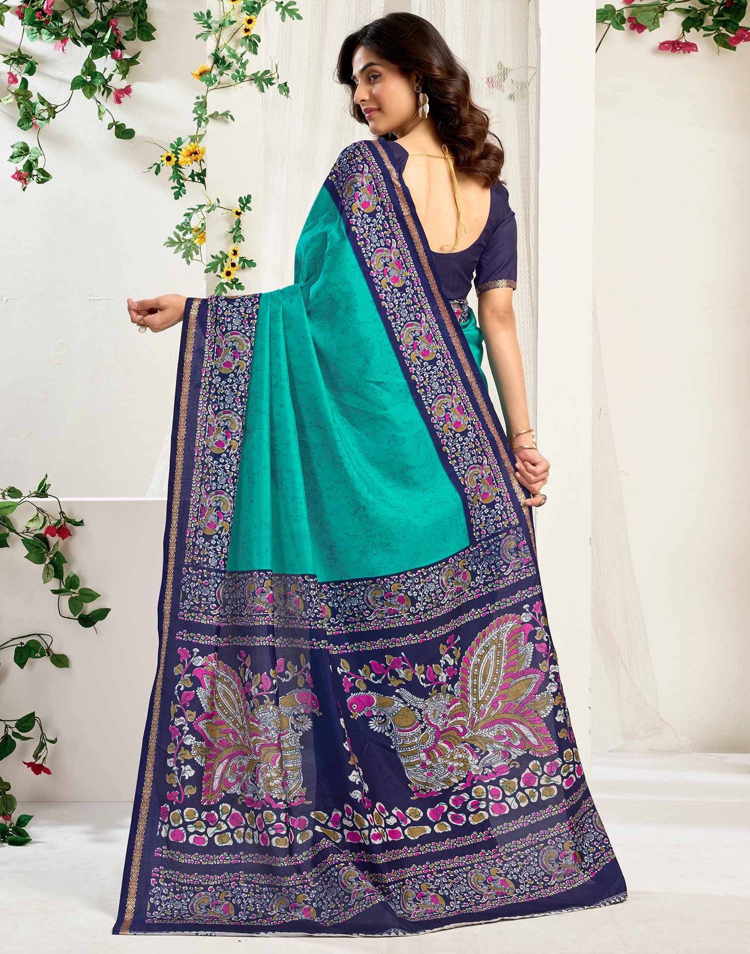 Teal Green Dola Silk Printed Saree