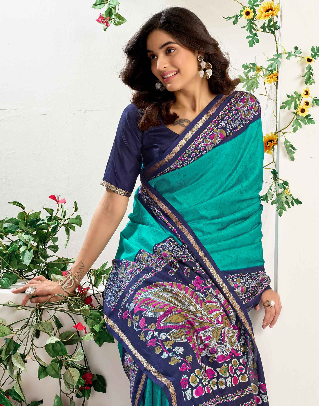 Teal Green Dola Silk Printed Saree