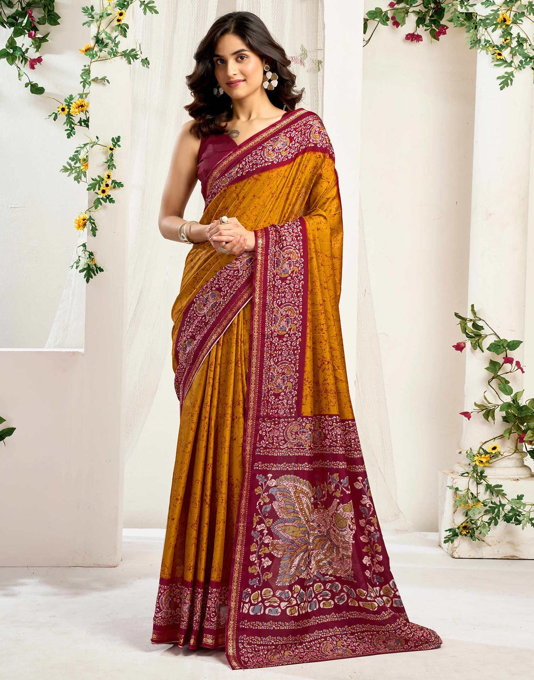 Muatard Yellow Dola Silk Printed Saree